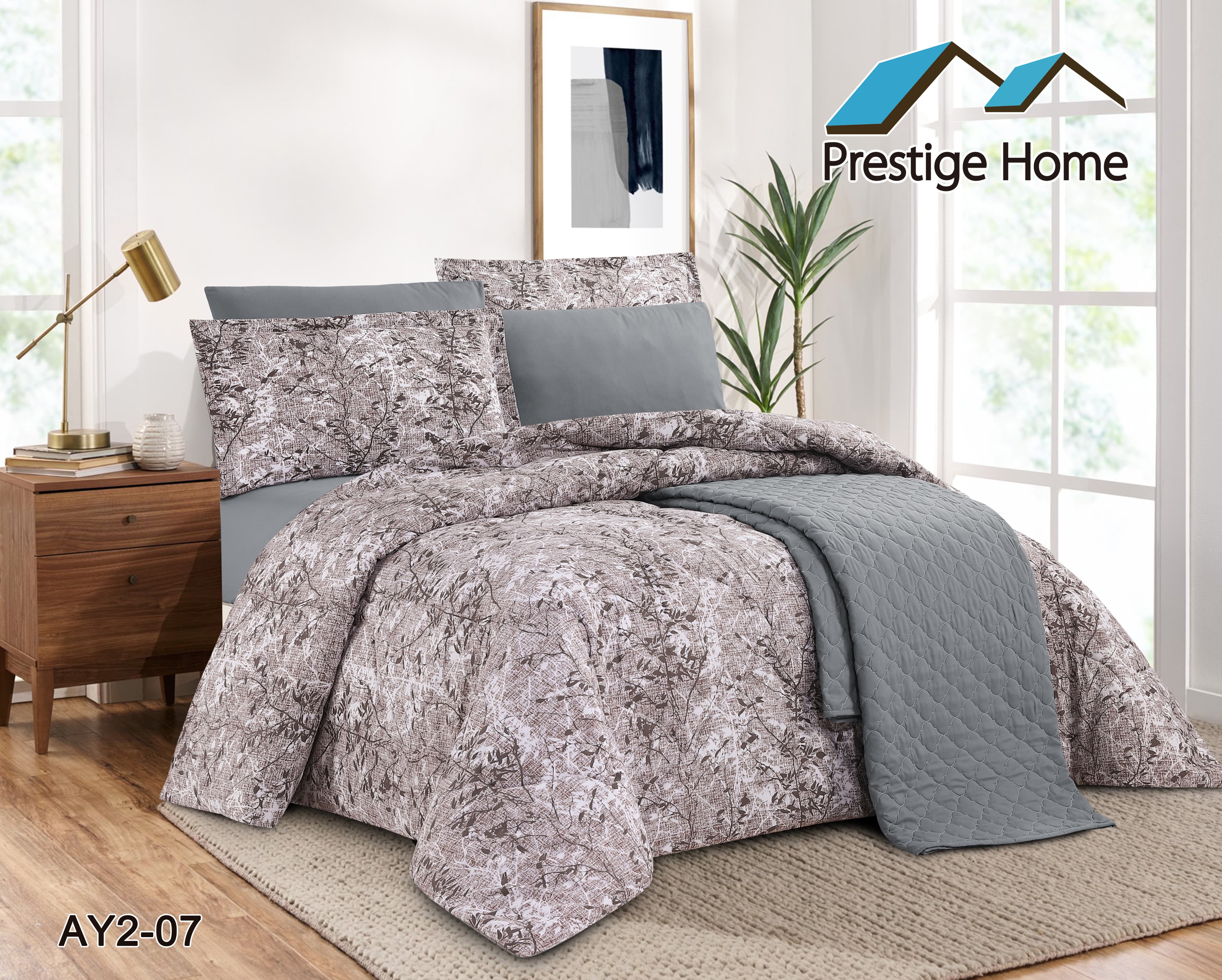 Grey Leaf Comforter Set - Double