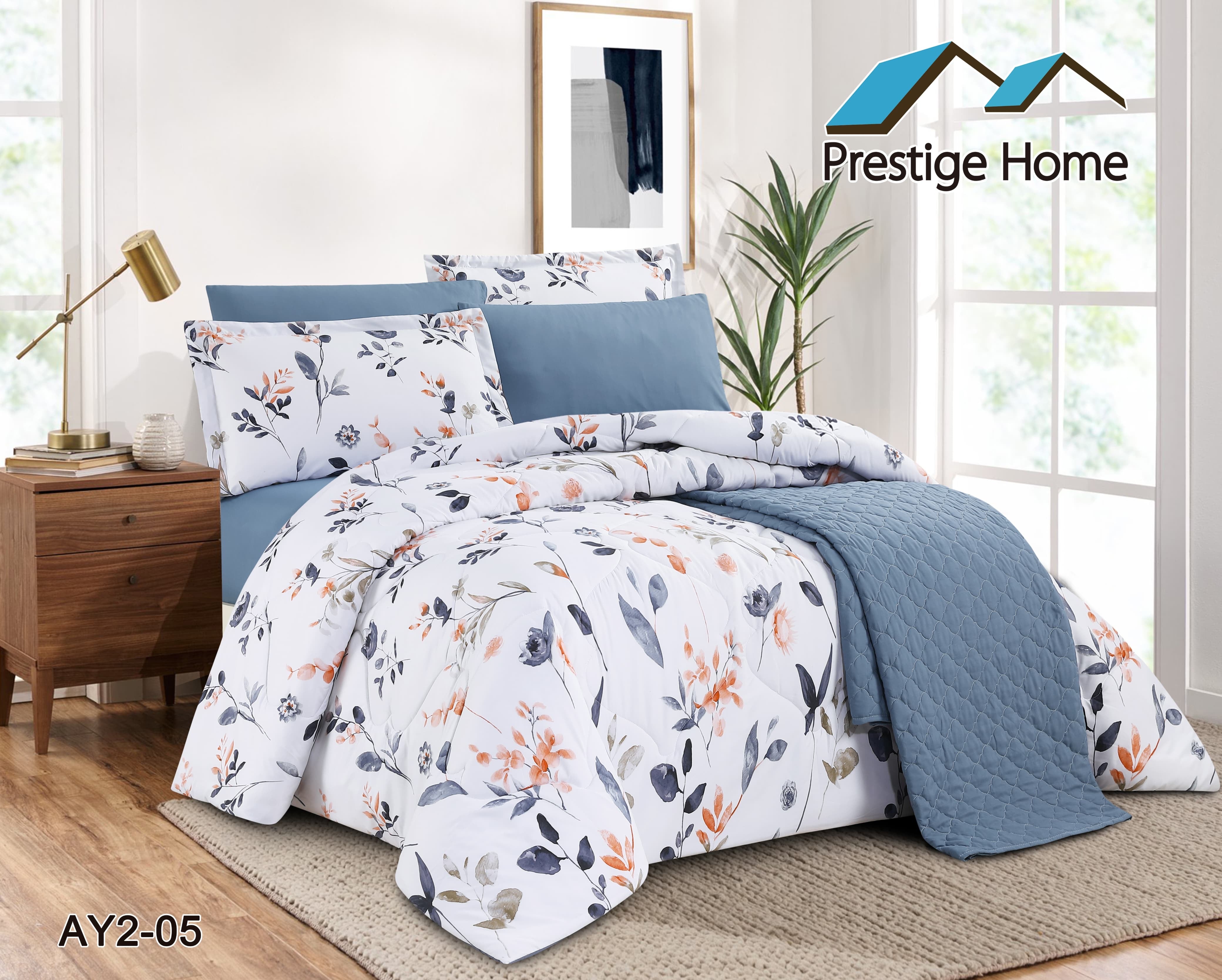 Blue Floral Comforter Set - Double