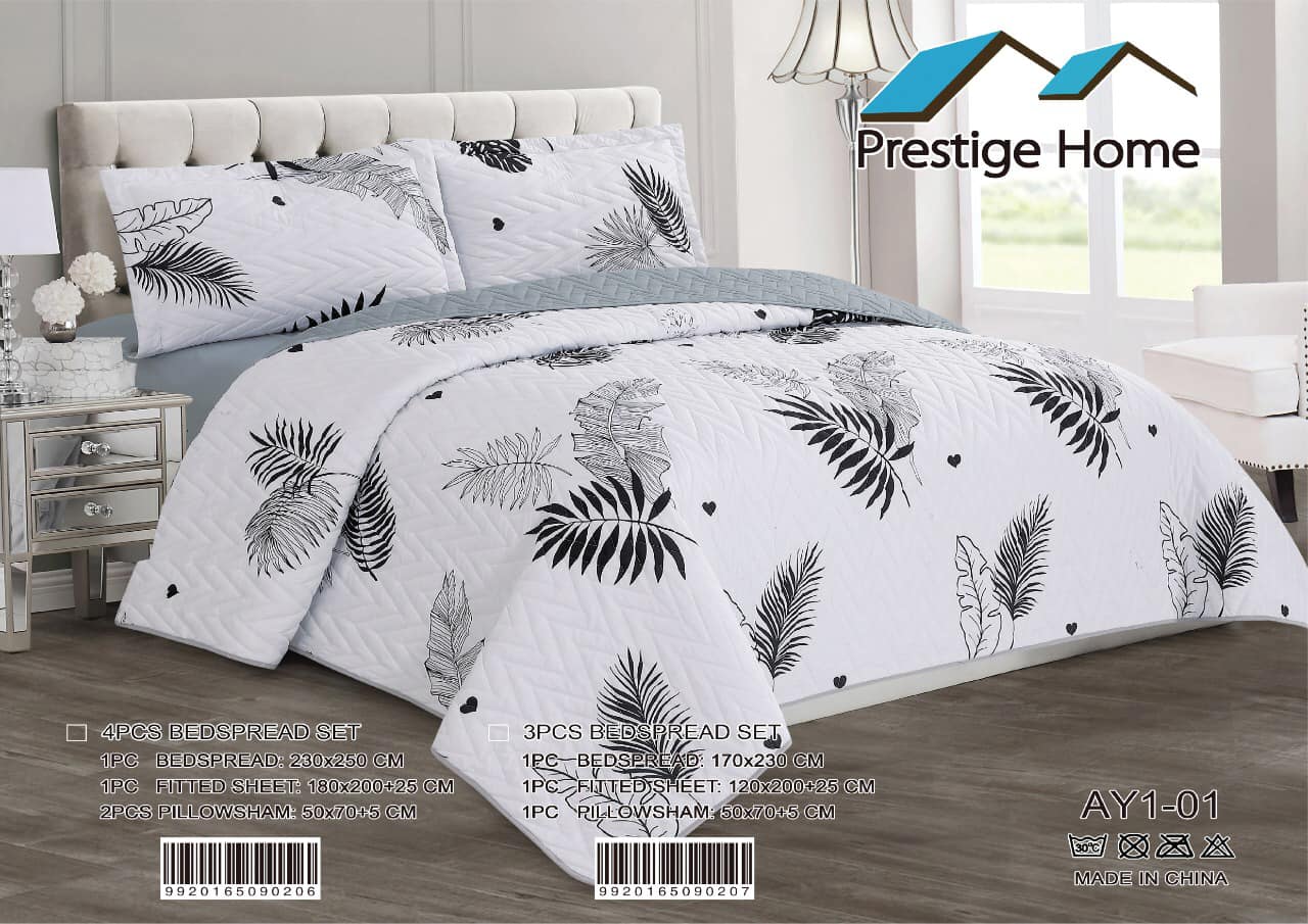 Black & White Leaf Bedspread 3 Pieces - Single
