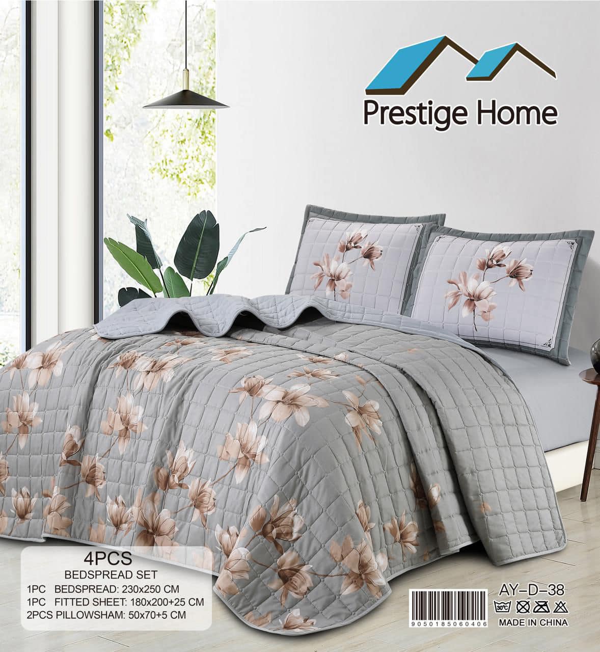 Gray Floral Bedspread Set - Single