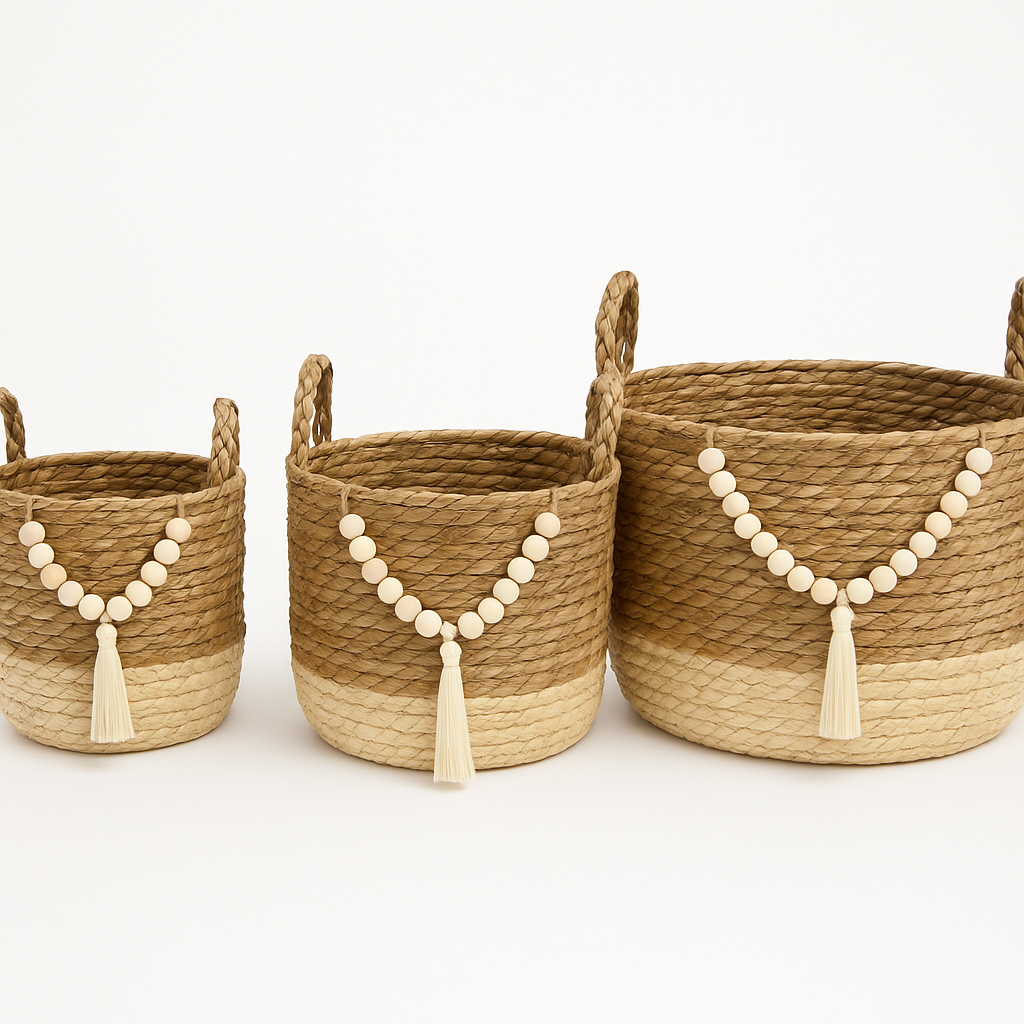 Boho Seagrass Basket with Beads - 3 pcs