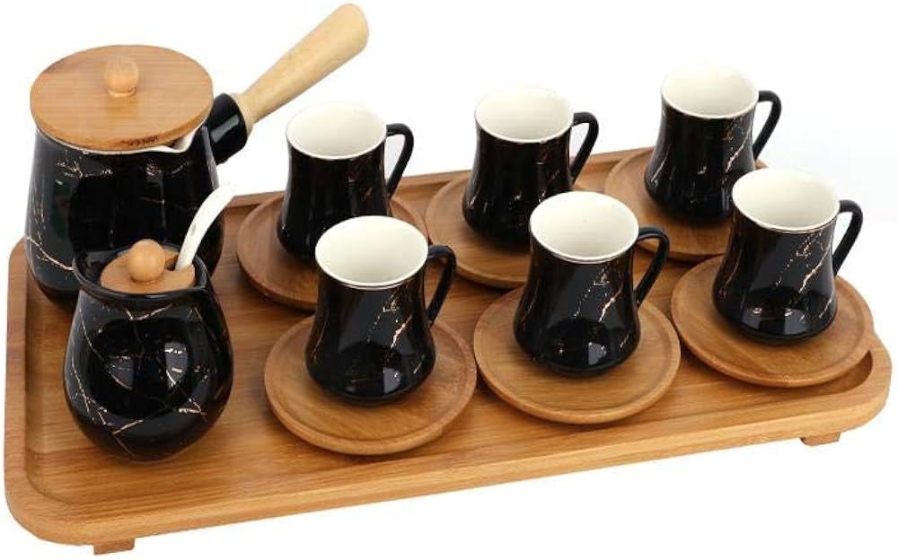 Elegant Black Marble Turkish Coffee Set with Wooden Tray