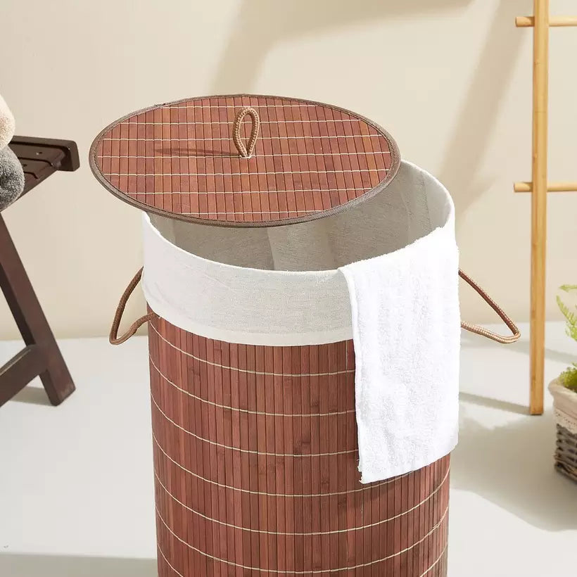 Circular Bamboo Covered Laundry Basket