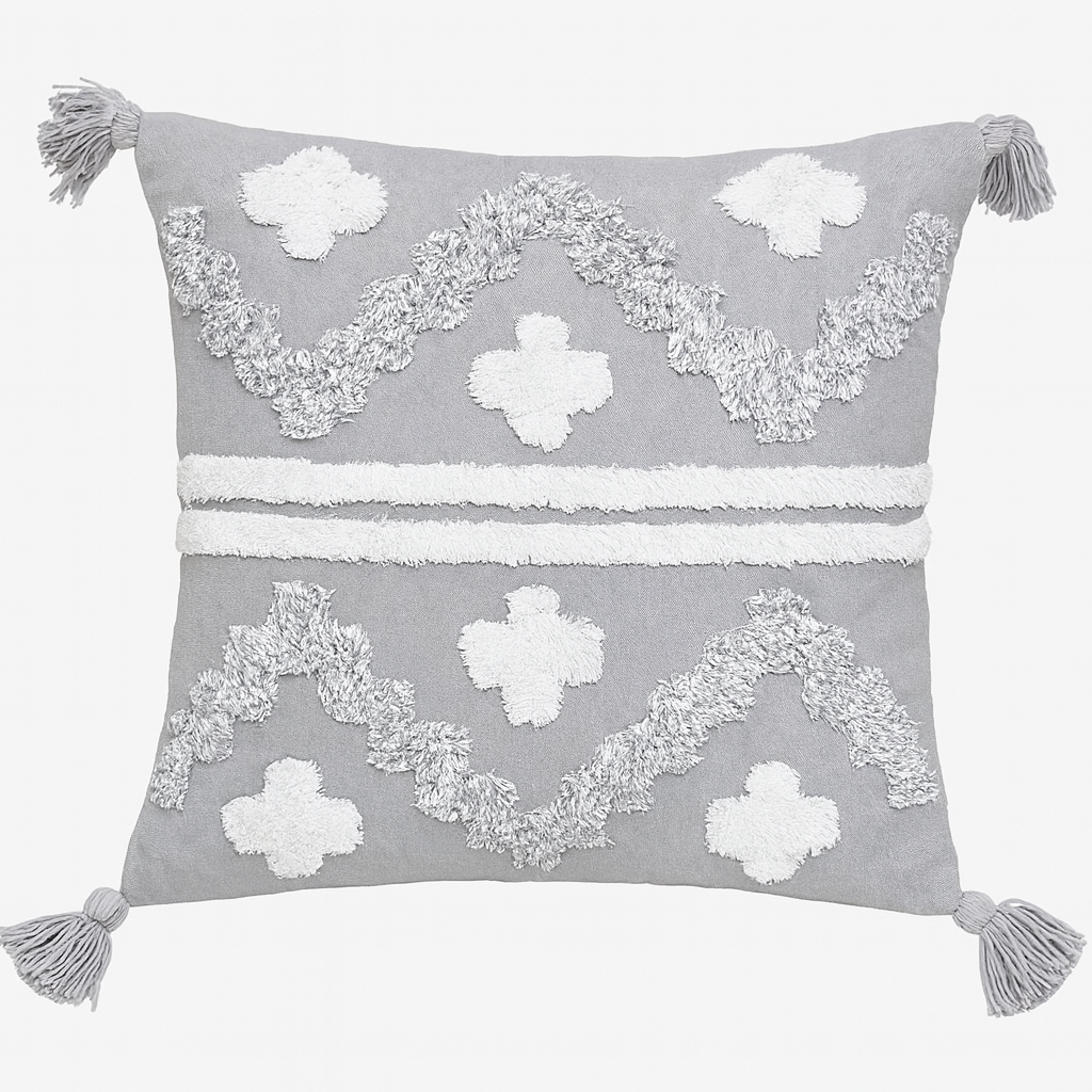 Grey & White Geometric Tassel Cushion - 45x45 cm