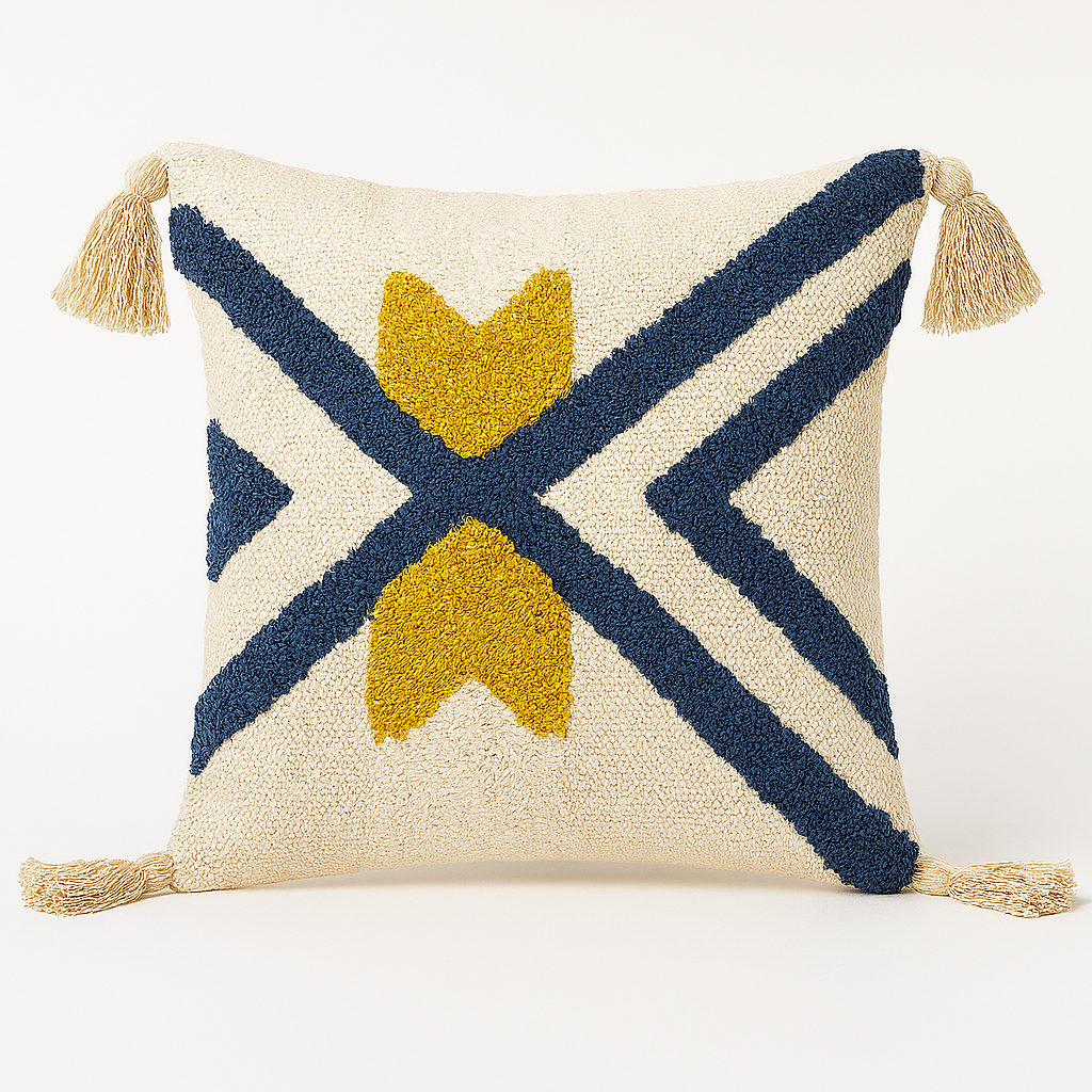 Mustard & Indigo Geo-Stitch Cushion - 45 x 45 cm