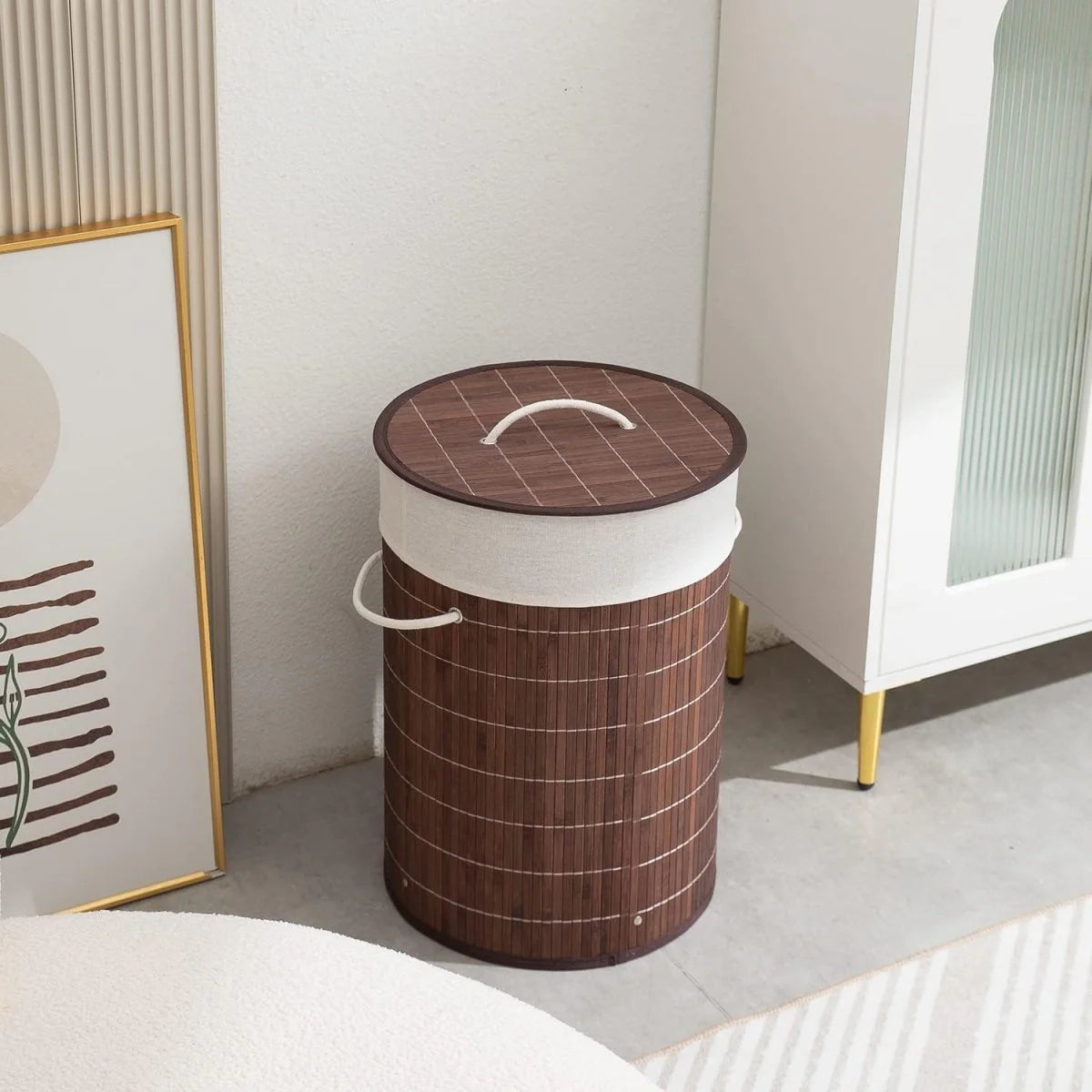 Circular Bamboo Covered Laundry Basket
