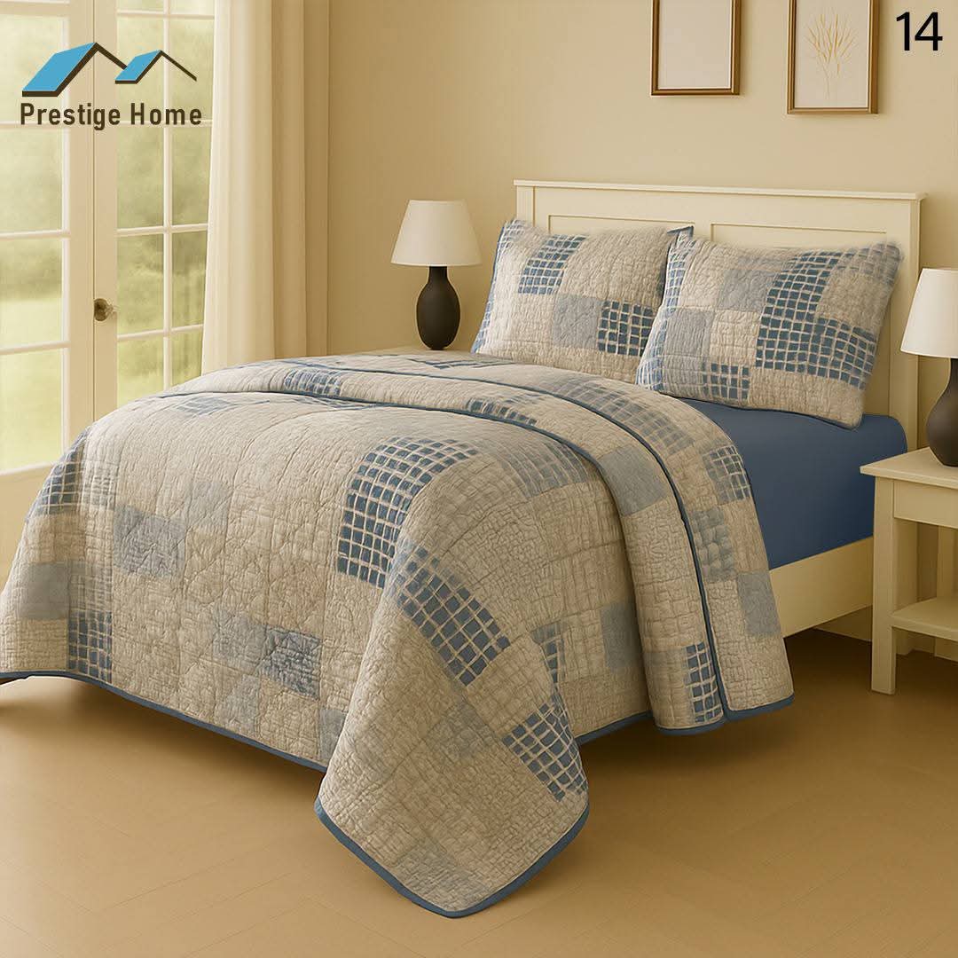 Blue Grid Patchwork Quilted Bedspread Set - Single