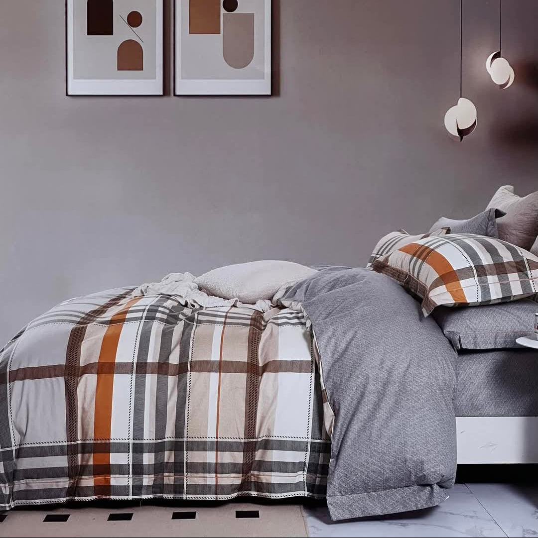 Cotton Plaid Pattern Bedding Set - Double