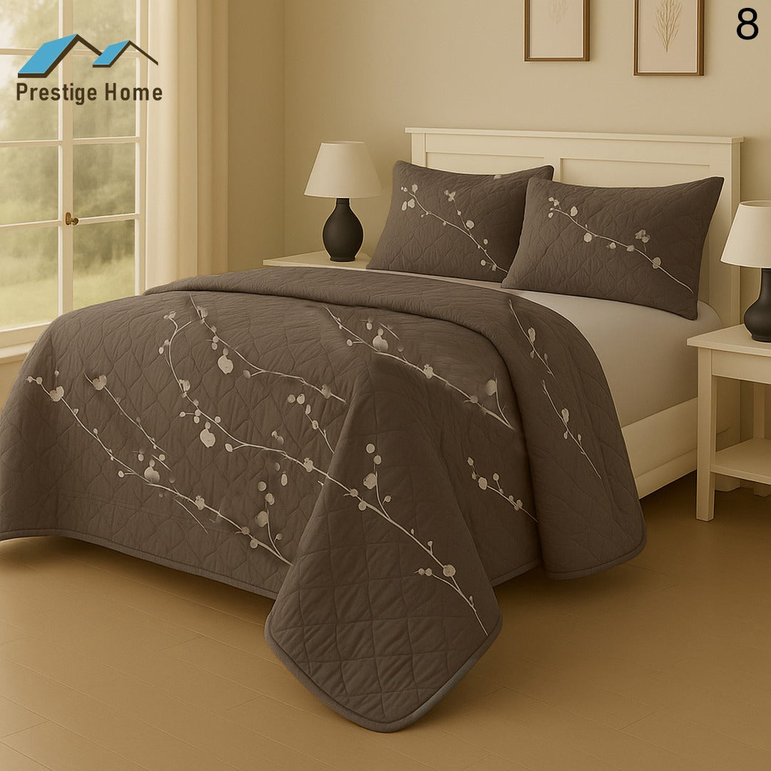 Brown Midnight Blossom Quilted Bedspread Set - Single