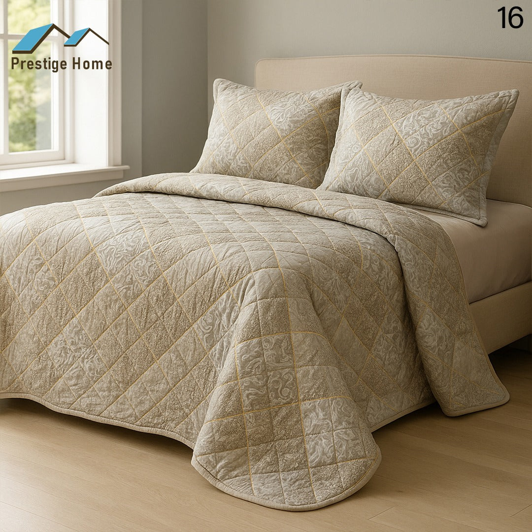 Golden Grid Quilted Bedspread Set - Single