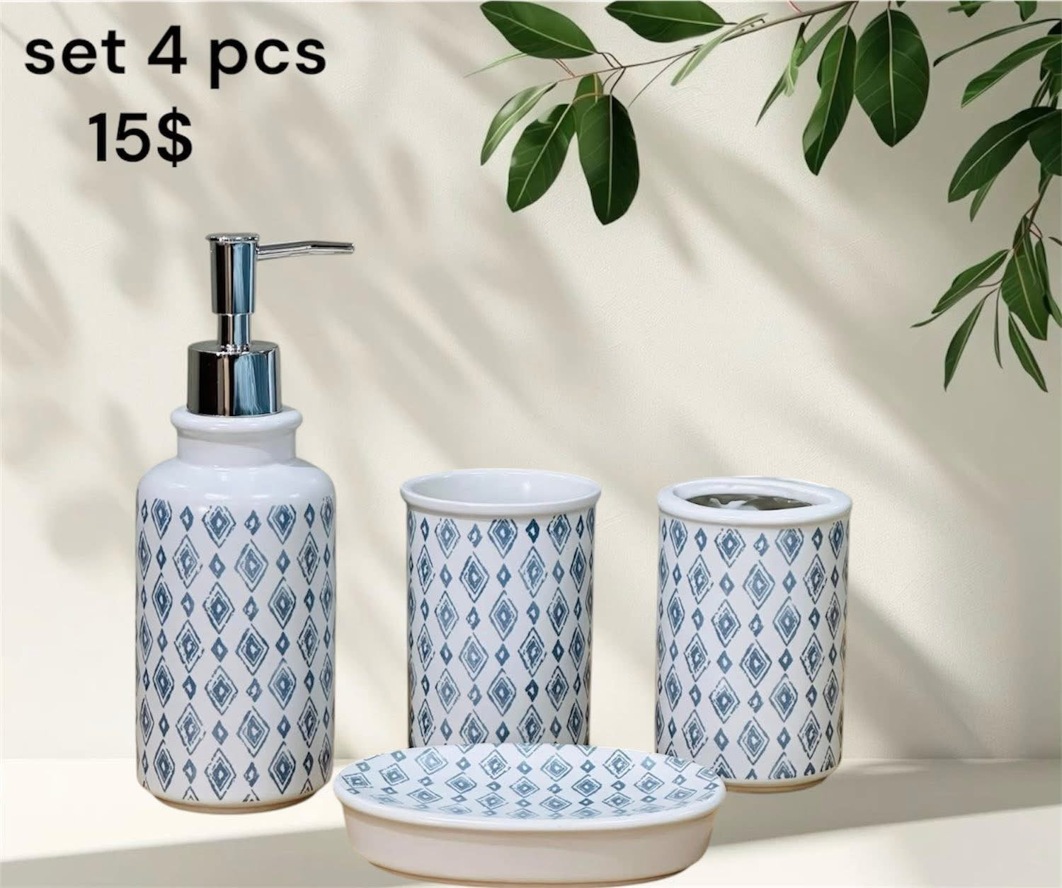 Blue Diamond Ceramic Bathroom Set – 4 pcs