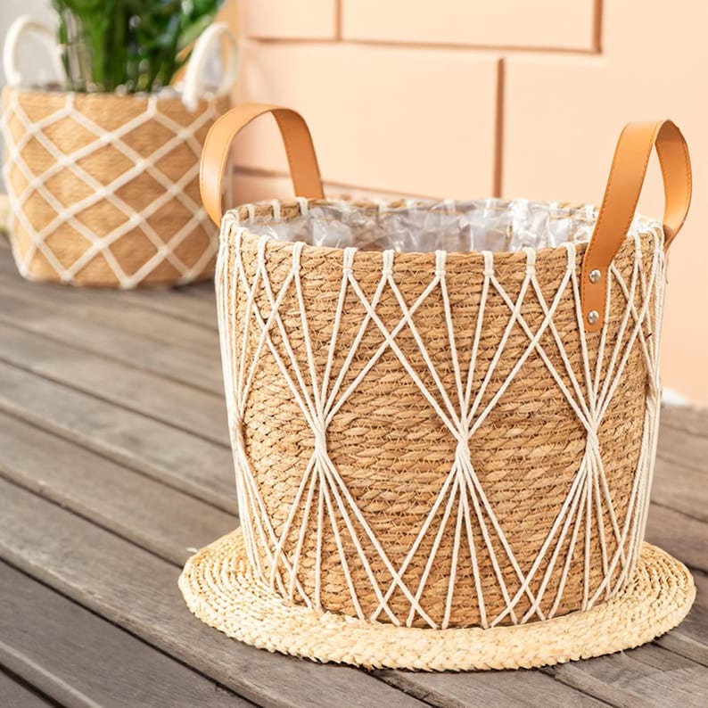 Boho Diamond Weave Storage Basket with Handles - 3 pcs