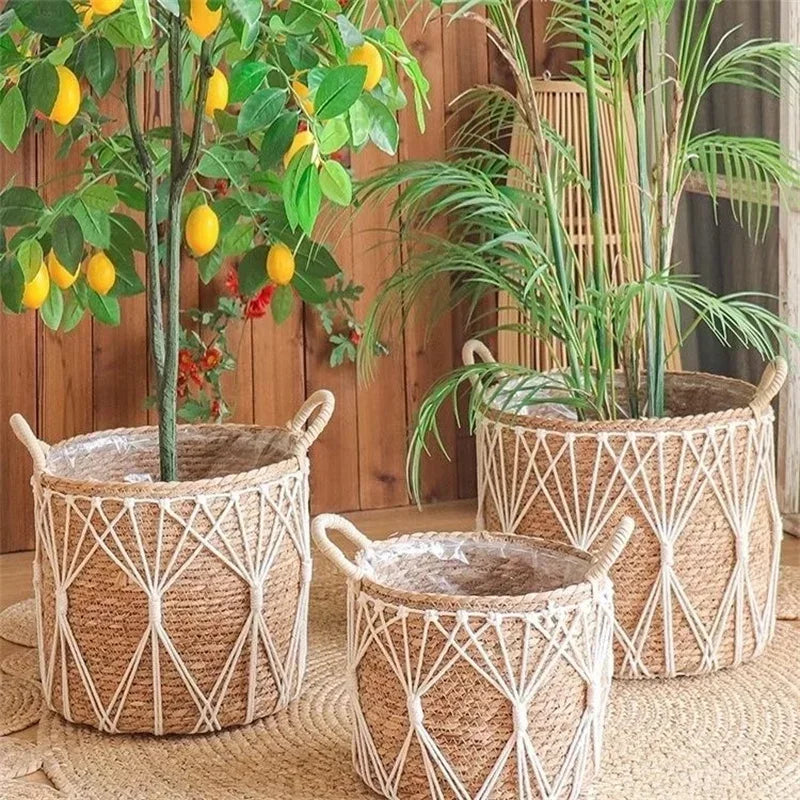Boho Diamond Weave Storage Basket with Handles - 3 pcs