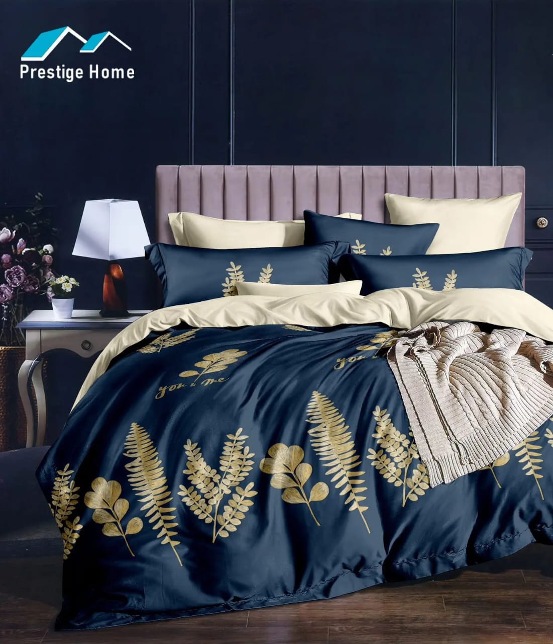 Navy Fern Comforter Set - Double