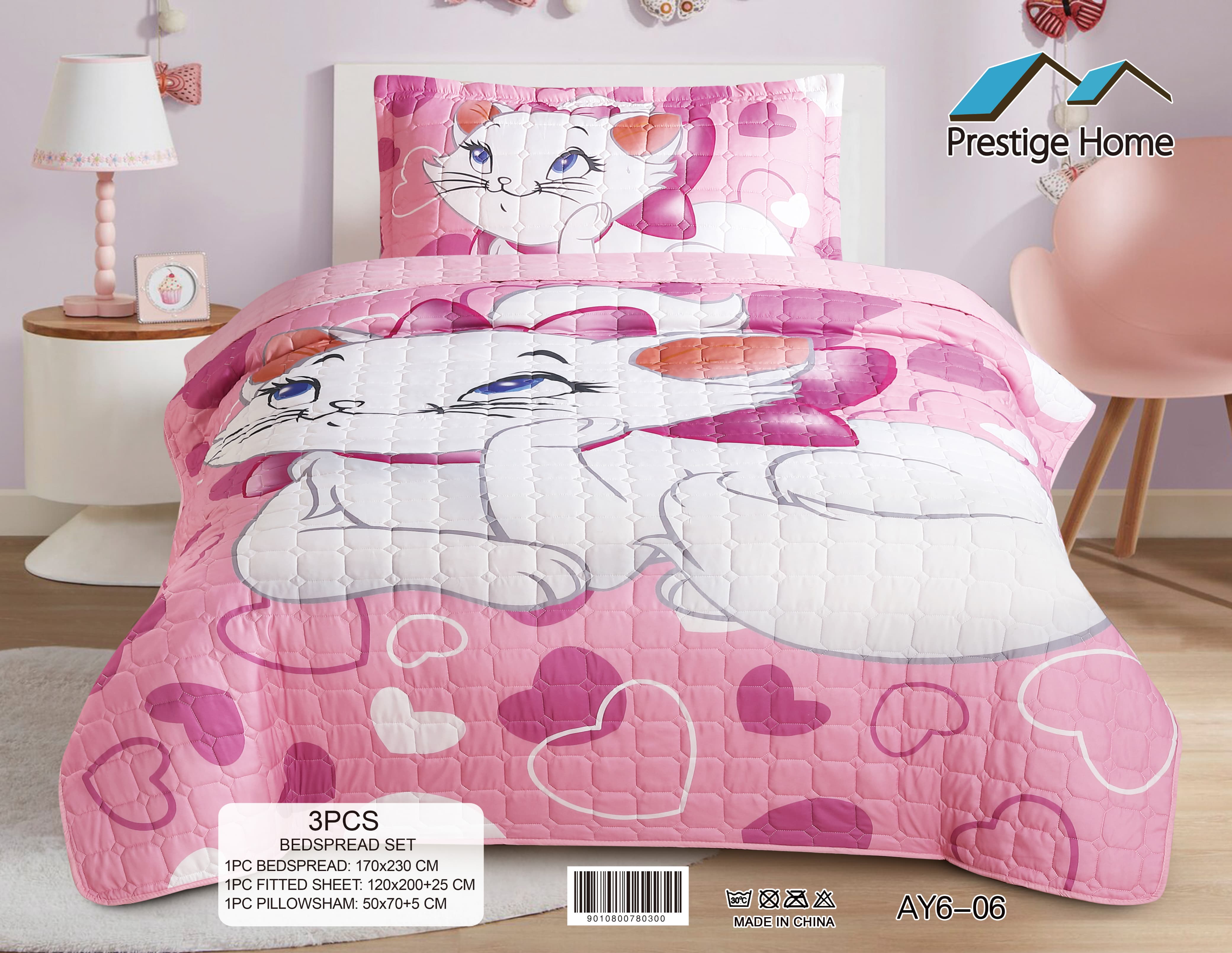 Pink Princess Kitty Bedspread Set - 3 Pieces