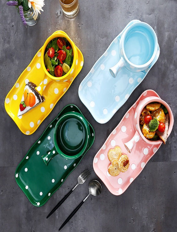 Polka Dot Ceramic Snack and Drink Tray Set