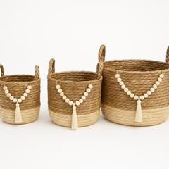 Boho Seagrass Basket with Beads - 3 pcs