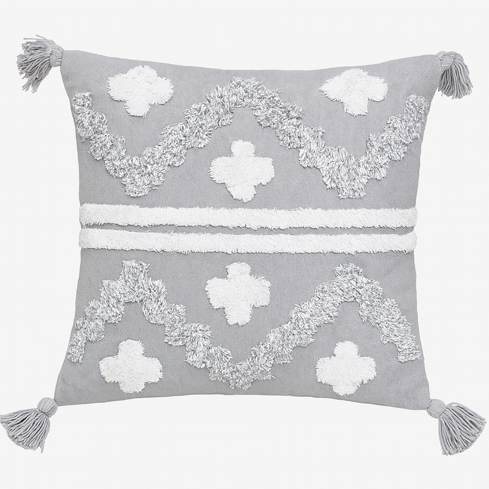 Grey & White Geometric Tassel Cushion - 45x45 cm