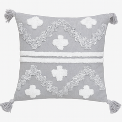 Grey & White Geometric Tassel Cushion - 45x45 cm