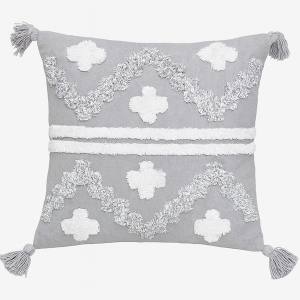 Grey & White Geometric Tassel Cushion - 45x45 cm