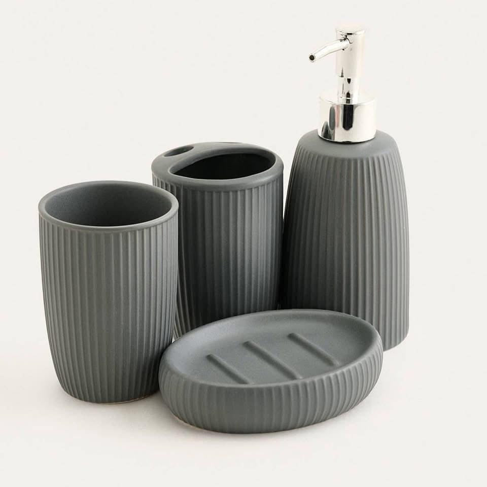 Slate Grey Ribbed Ceramic Bathroom Set – 4 pcs