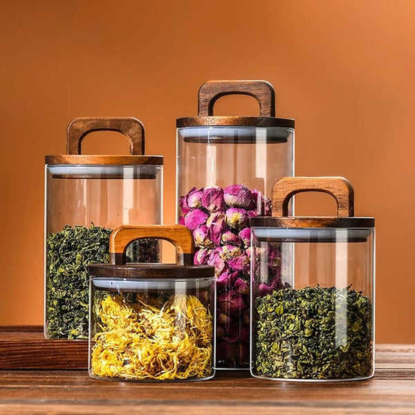Wooden-Handle Glass Storage Jar