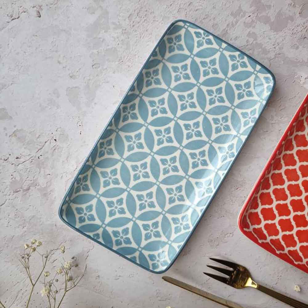 Sky Blue Arabesque Ceramic Rectangular Plate