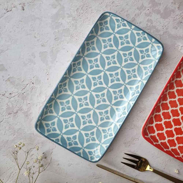Sky Blue Arabesque Ceramic Rectangular Plate