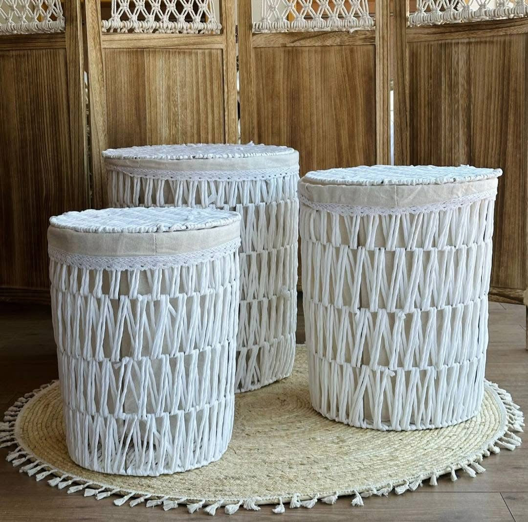 White Braided Boho Basket Set - 3 pcs