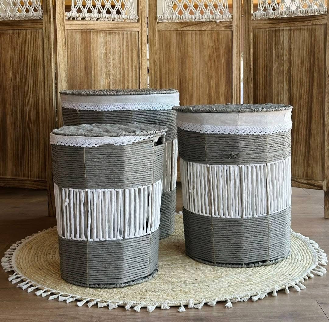 Grey Woven Fringe Basket Set - 3 pcs