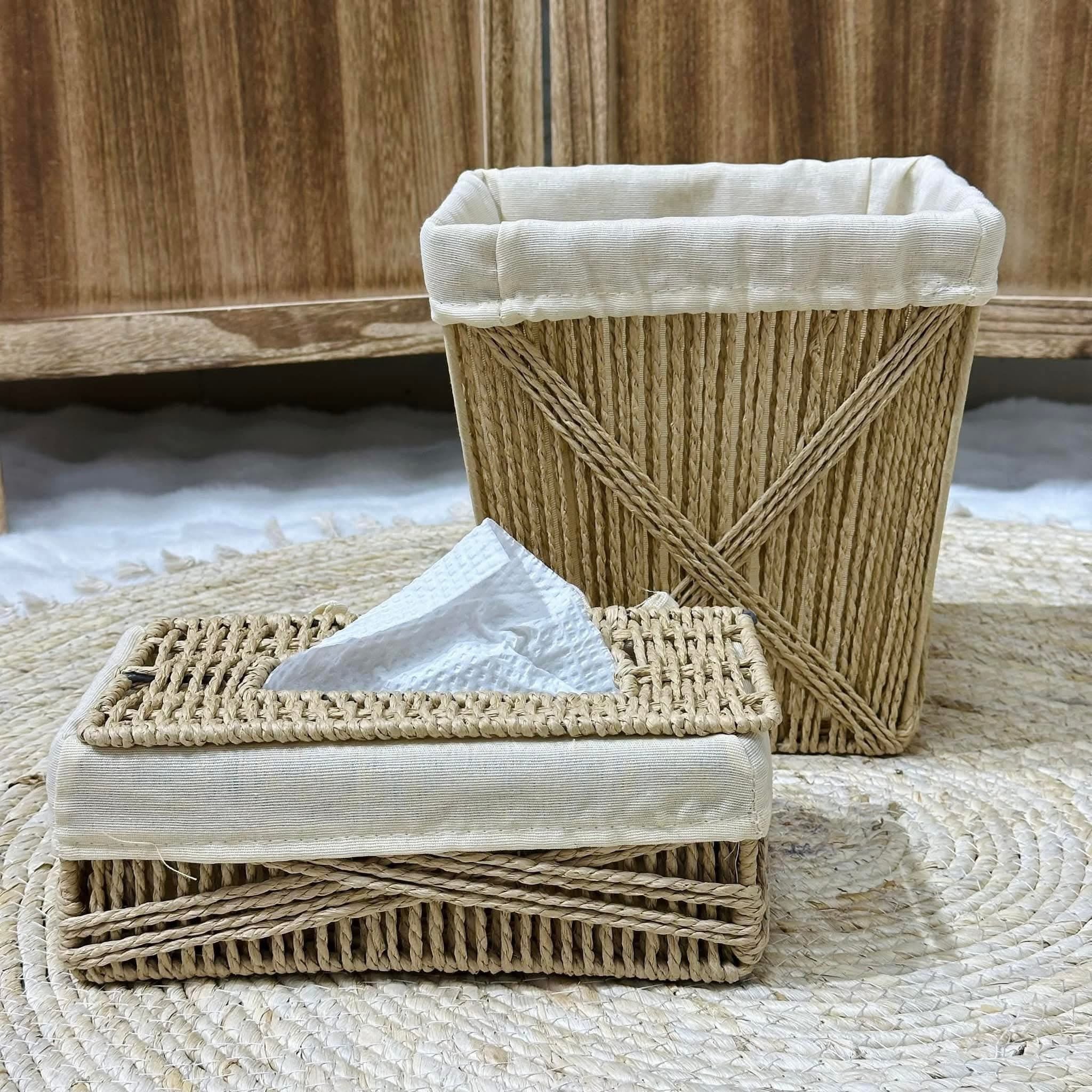 Natural Cross-Weave Basket & Tissue Box Set