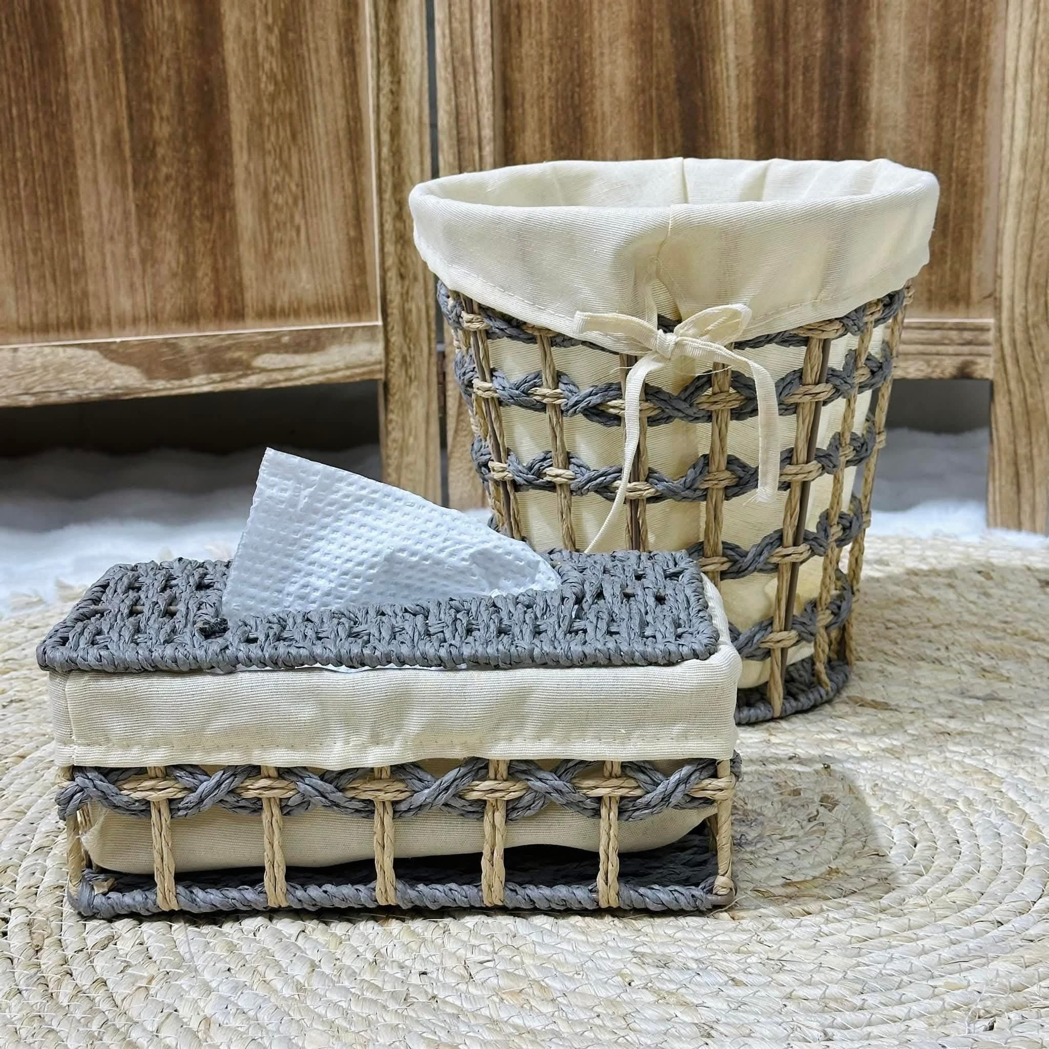 Grey Knot Woven Basket & Tissue Box Set