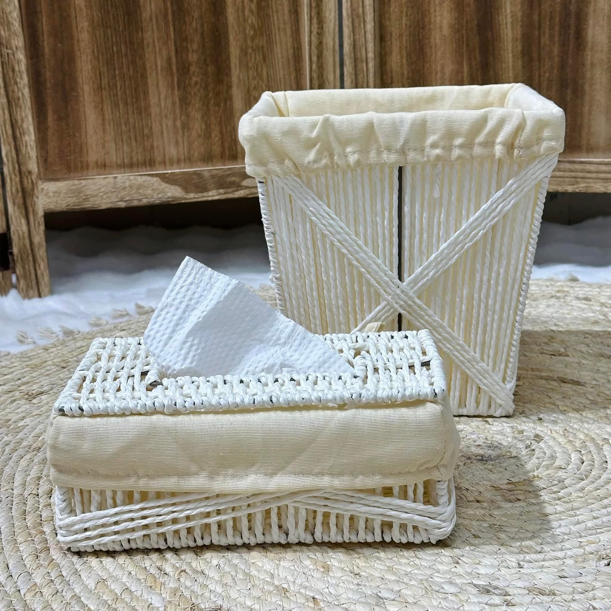 White Cross-Weave Basket & Tissue Box Set