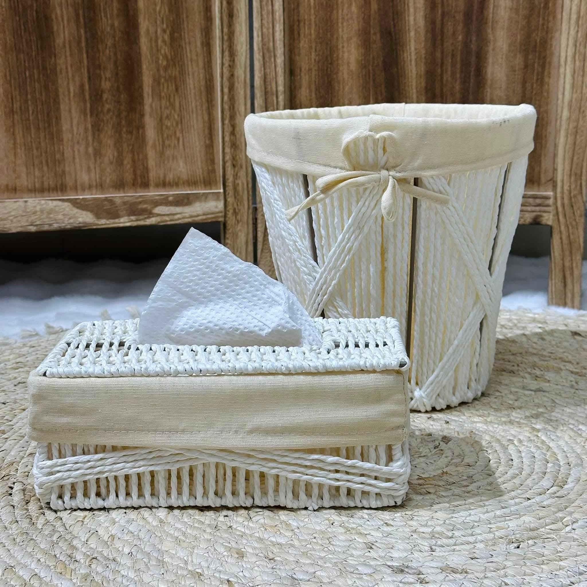 Ivory Cross-Laced Basket & Tissue Box Set
