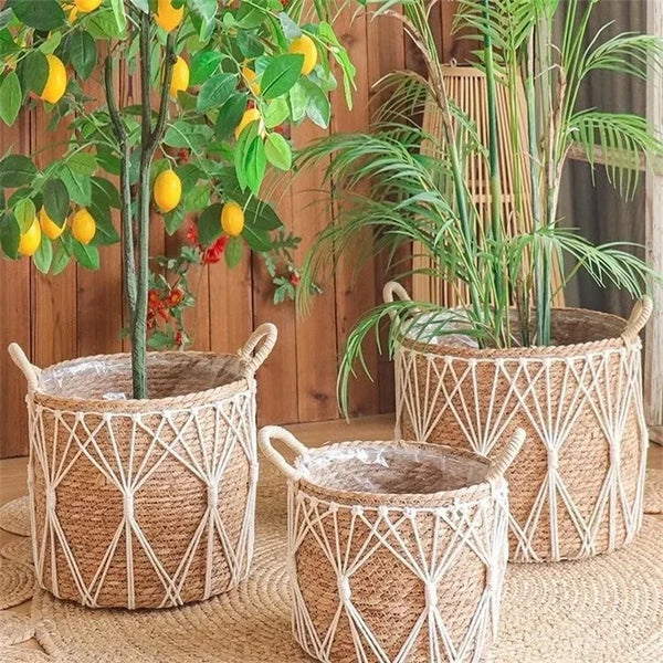 Boho Diamond Weave Storage Basket with Handles - 3 pcs