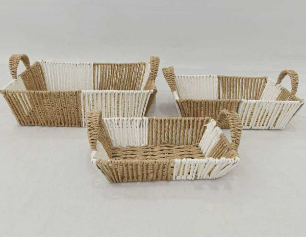 Natural Two-Tone Woven Storage Basket Set - 3 Pcs