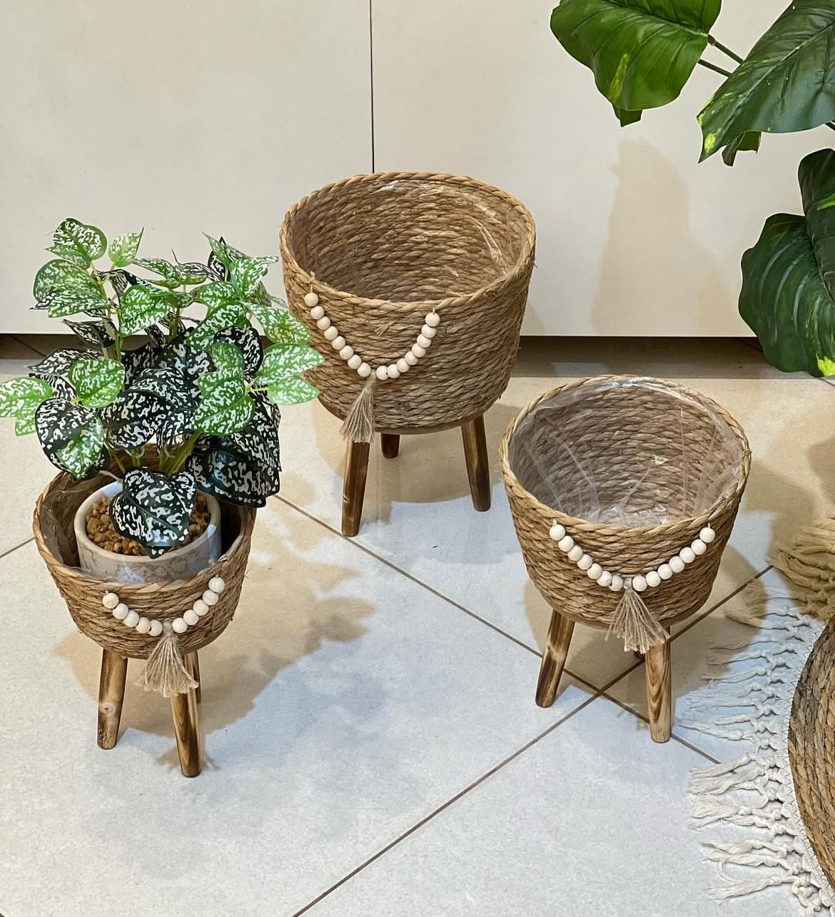 Boho Beaded Planter Basket Set – 3 Sizes