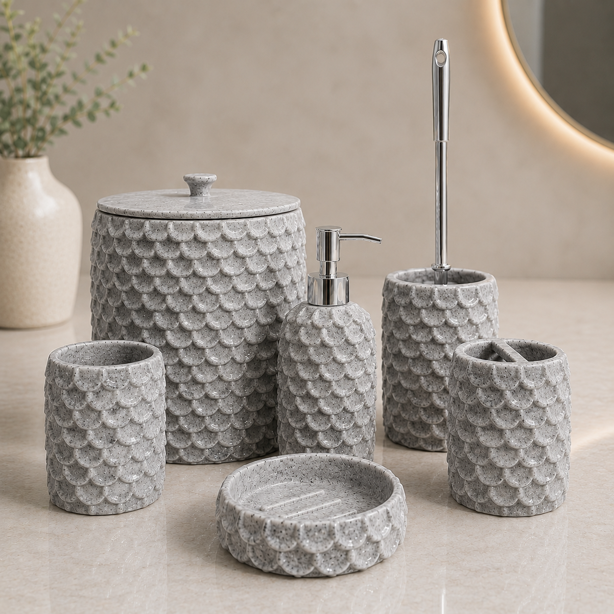 Gray Seashell Luxe Bathroom Accessories Set – 6 Pieces