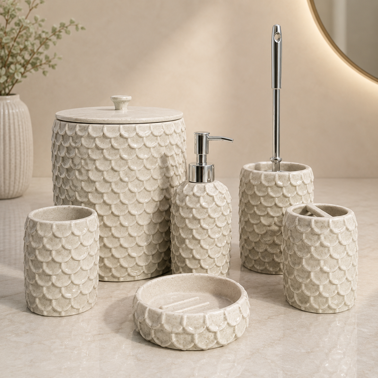 Beige Seashell Luxe Bathroom Accessories Set – 6 Pieces
